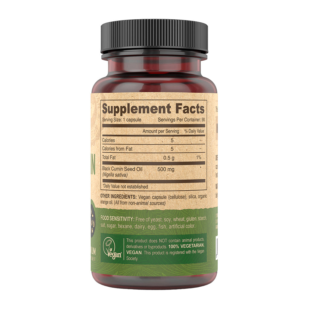Deva Black Cumin Seed Oil supplement bottle with label showing 'Supplement Facts' on a white background