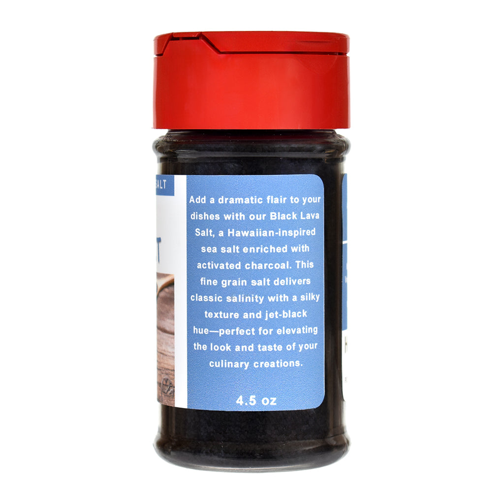 Black lava salt container with red lid and blue label on a white background