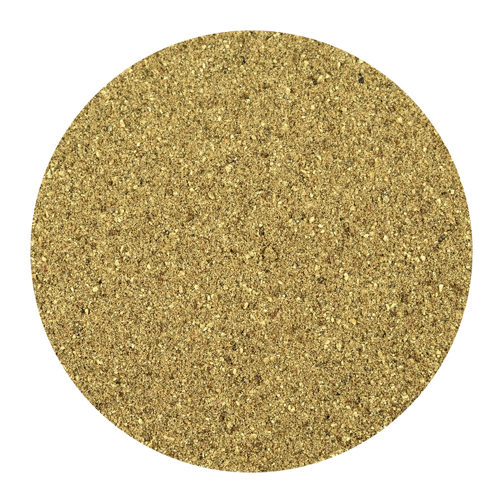 A circular close-up of a ground black pepper, shown against a solid white background.