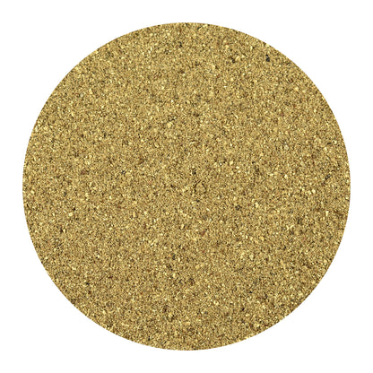 A circular close-up of a ground black pepper, shown against a solid white background.