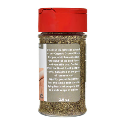 Organic Ground Black Pepper spice jar on a white background 