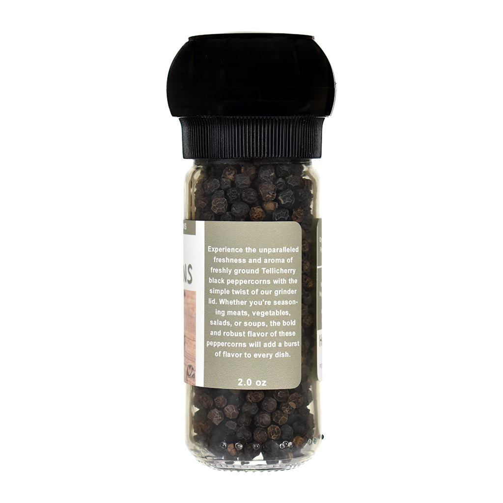 Black pepper grinder with label on a white background