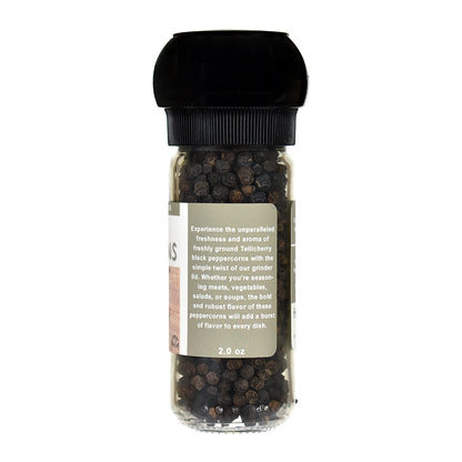 Black pepper grinder with label on a white background