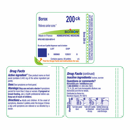 A Boiron brand '200ck' Borax homeopathic medicine product card with drug facts and instructions printed on a white background.