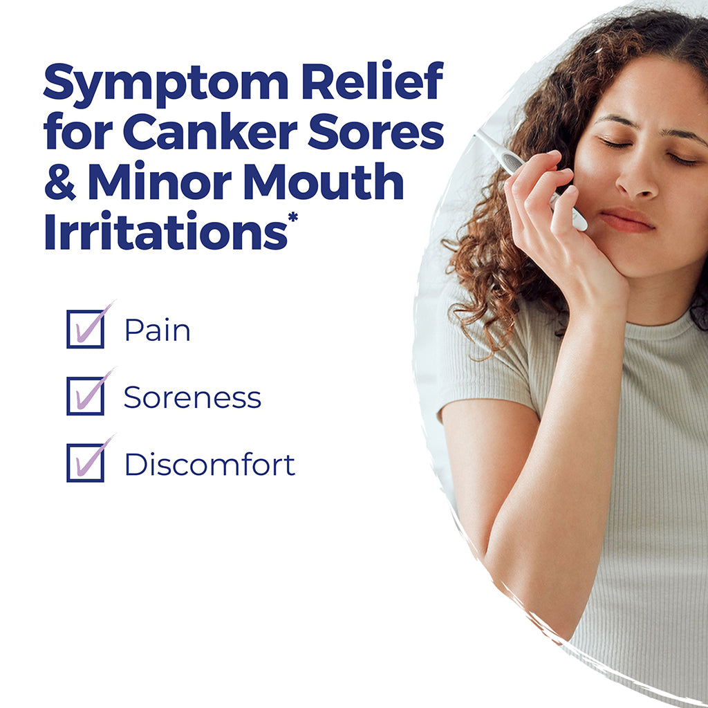 Woman with a mouth sores and text about symptom relief for canker sores and minor mouth irritations.