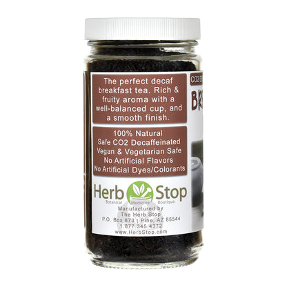 Jar of Herb Stop decaf breakfast blend black tea with label on a white background