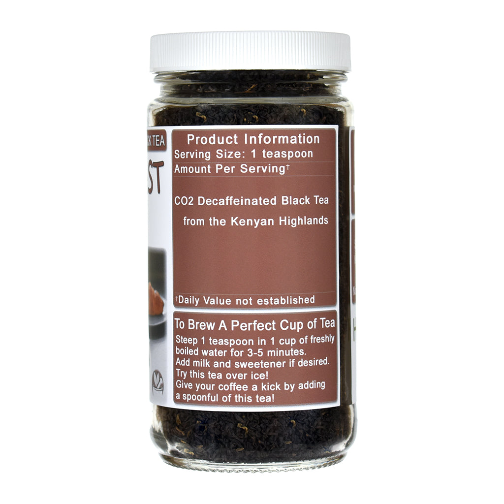 Jar of breakfast blend black tea with a label on a white background