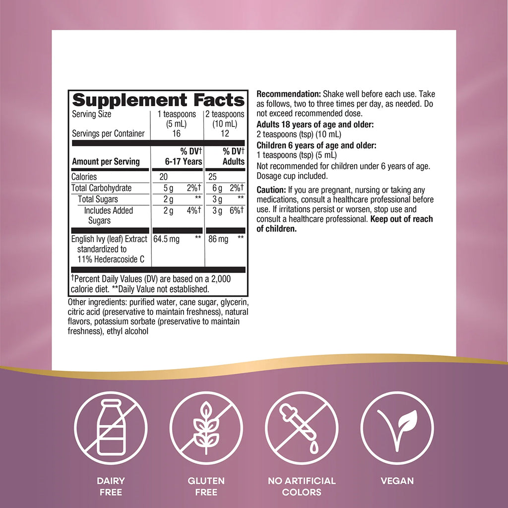 Nature's Way Bronchial Soothe supplement facts label on a purple background with icons for dairy-free, gluten-free, no artificial colors, and vegan.