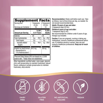 Nature's Way Bronchial Soothe supplement facts label on a purple background with icons for dairy-free, gluten-free, no artificial colors, and vegan.