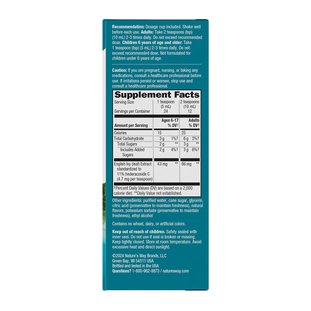 Nature's Way Bronchial Soothe Ivy Extract supplement facts label on a green background