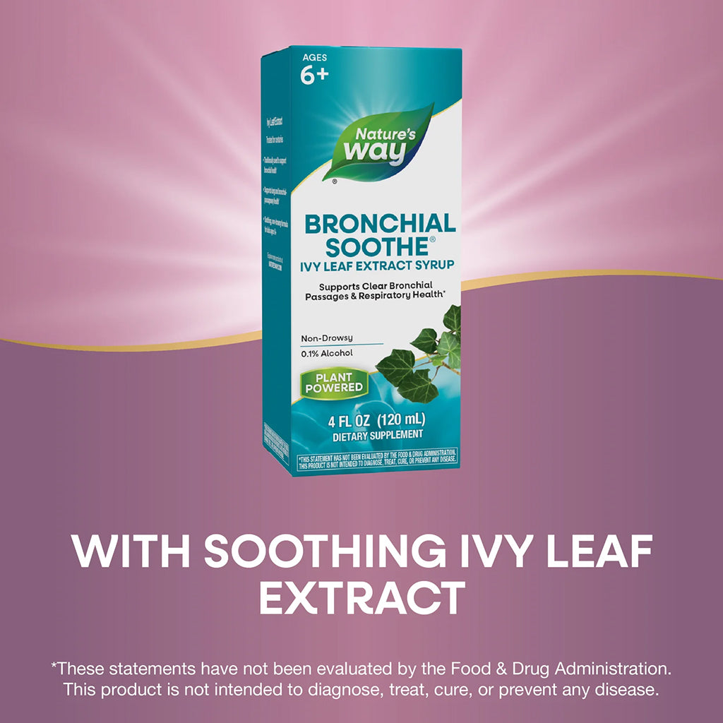 Nature's Way Bronchial Soothe syrup packaging on a pink and purple gradient background