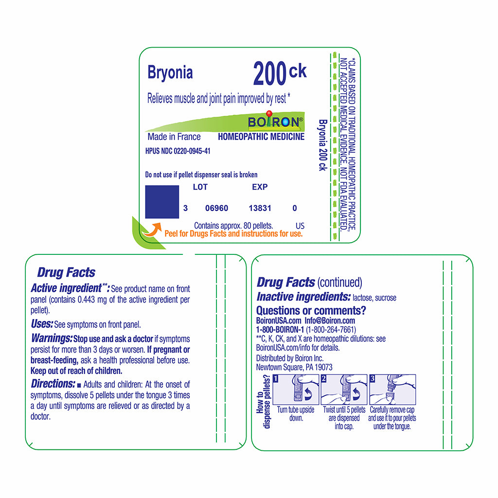 A Boiron Bryonia 200ck homeopathic medicine product card with detailed drug facts and instructions printed in blue and white text blocks on a light gray background.