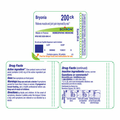 A Boiron Bryonia 200ck homeopathic medicine product card with detailed drug facts and instructions printed in blue and white text blocks on a light gray background.