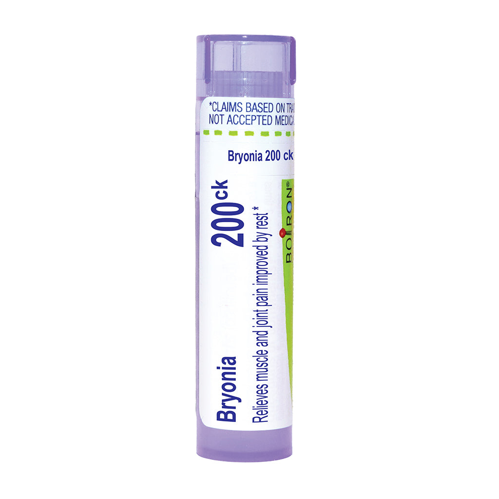 A single tube of Bryonia 200 ck pellets on a plain white background. The tube is white with a translucent light purple cap and base, featuring blue and green text and graphics.