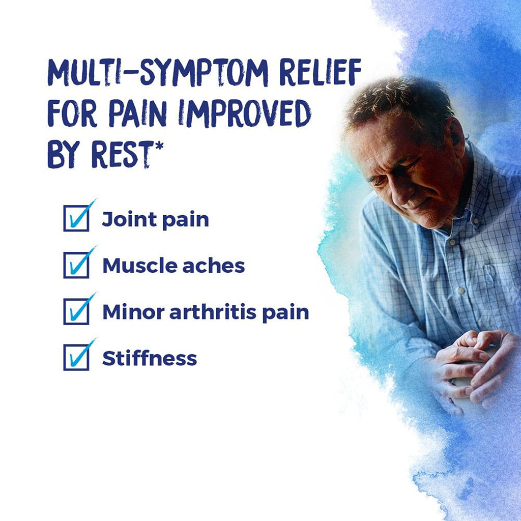 Advertisement for pain relief with a man holding his hands, listing symptoms and relief methods.