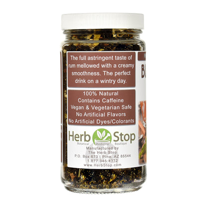 Jar of Buttered Rum Black Tea with a label on a white background