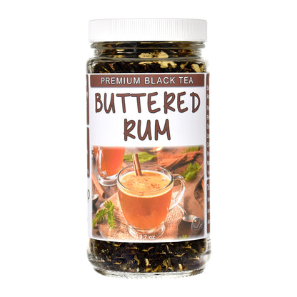 Jar of Buttered Rum premium black tea on a white background