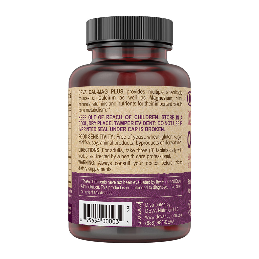 Supplement bottle labeled 'DEVA CAL-MAG PLUS' with text and a barcode on a white background