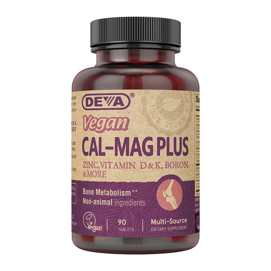 Supplement bottle labeled 'Vegan Cal-Mag Plus' by Deva on a white background