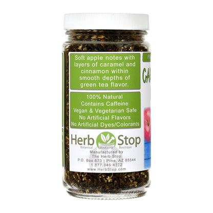 Jar of Caramel Apple Crumble Green Tea with a label on a white background