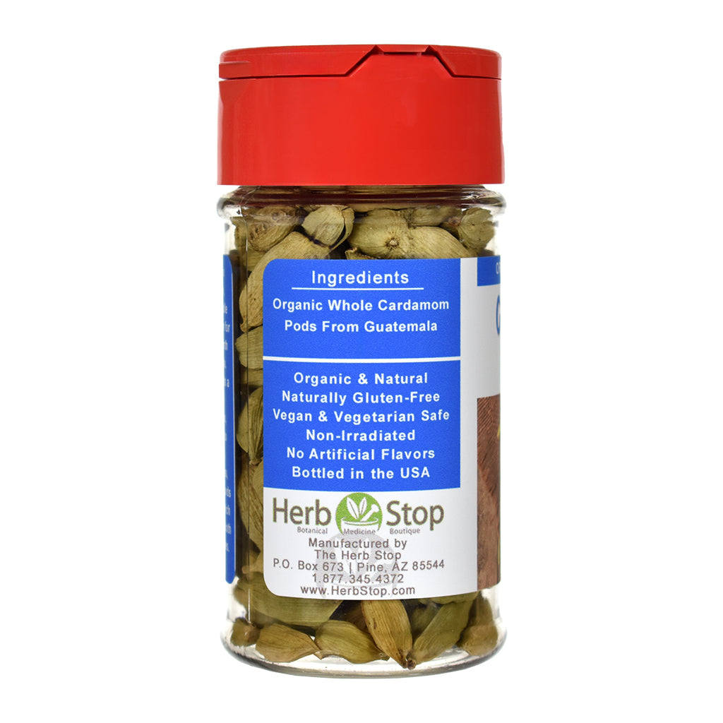 Organic Whole Cardamom Pods spice jar on a white background