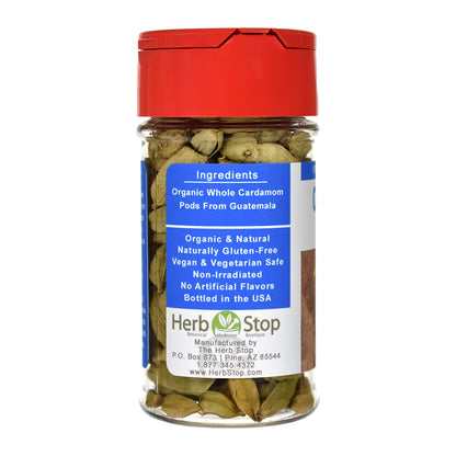 Organic Whole Cardamom Pods spice jar on a white background