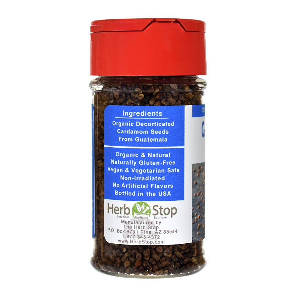 Organic Cardamom Seeds spice jar on a white background