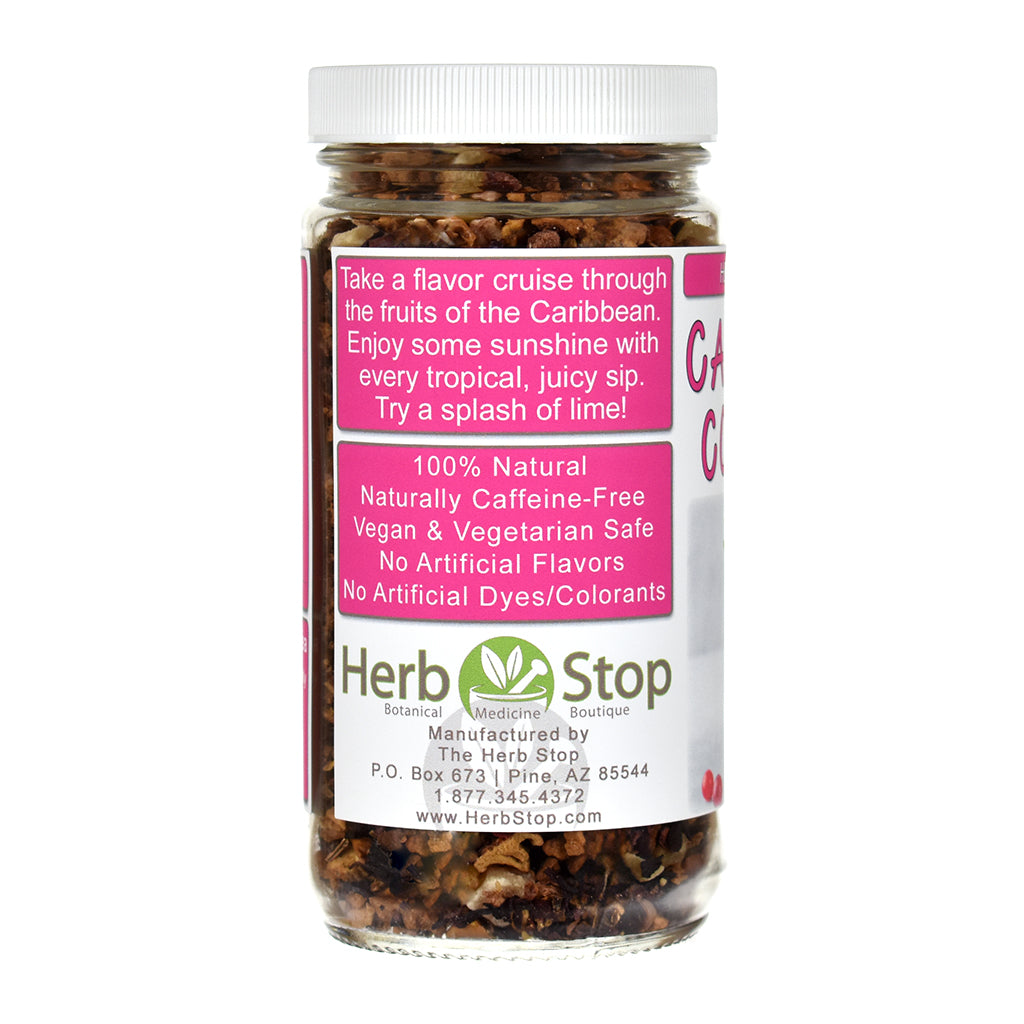 Jar of Caribbean Cocktail Herb & Fruit Tea with a pink label on a white background