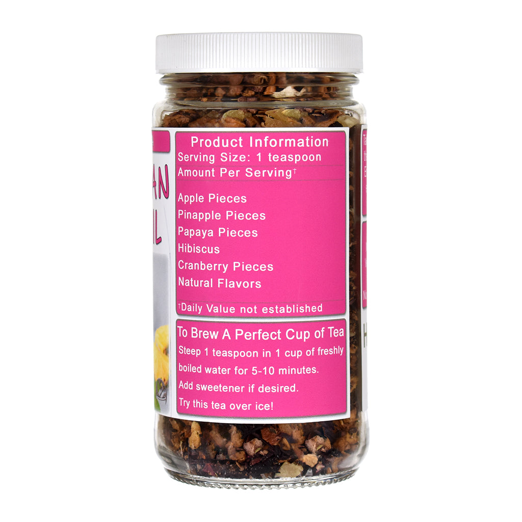 Jar of Caribbean Cocktail Herb & Fruit tea with a pink label on a white background