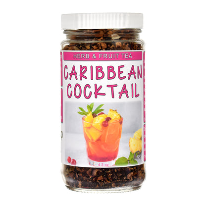 Jar of Caribbean Cocktail herb and fruit tea on a white background