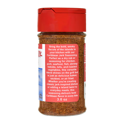 Caribbean Jerk Seasoning spice jar with red lid and label on a white background