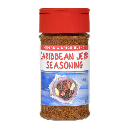 Jar of Caribbean jerk seasoning with a red lid on a white background