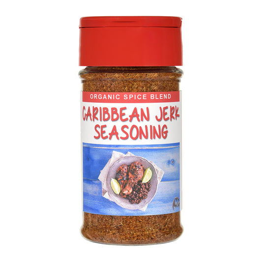Jar of Caribbean jerk seasoning with a red lid on a white background