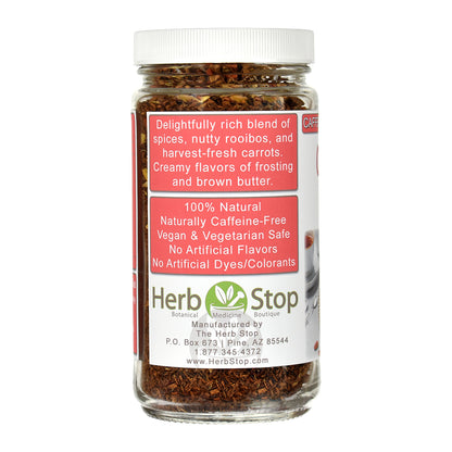 Jar of Carrot Cake Rooibos Tea with a label on a white background