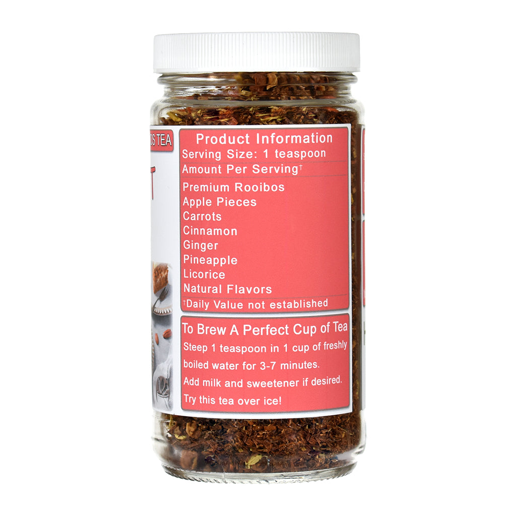 Jar of Carrot Cake Rooibos tea with a red label on a white background