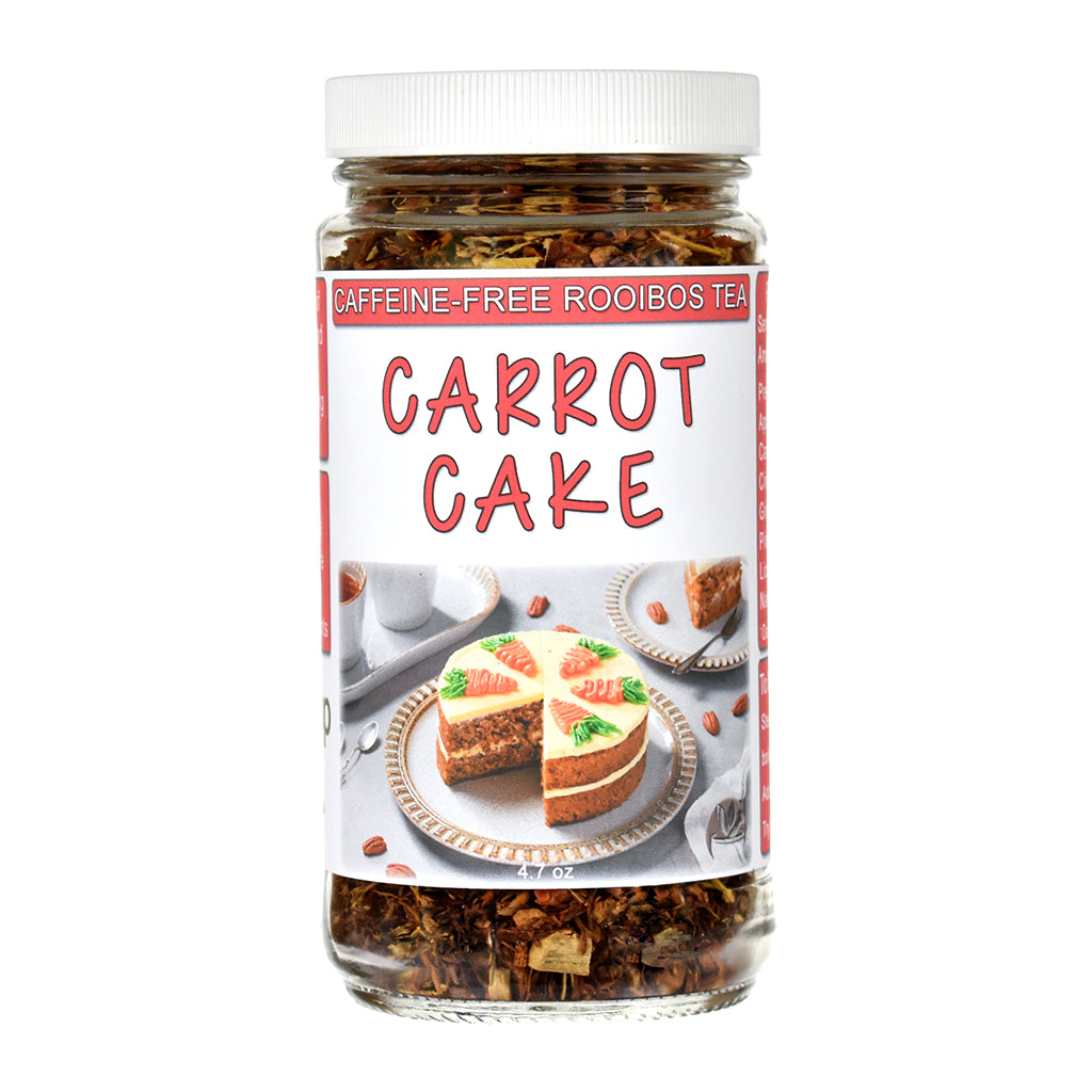 Jar of Carrot Cake flavored rooibos tea with a cake image on the label.