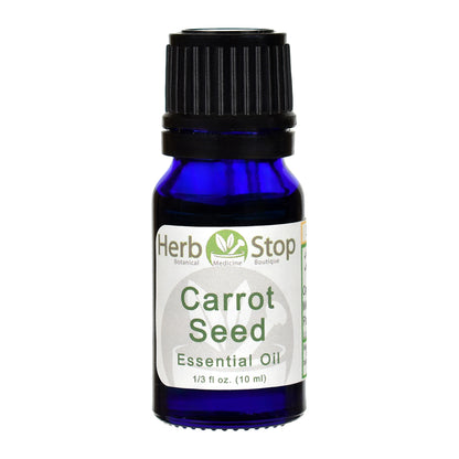 Bottle of Herb Stop Carrot Seed Essential Oil on a white background