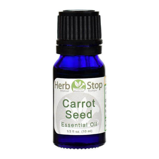 Bottle of Herb Stop Carrot Seed Essential Oil on a white background