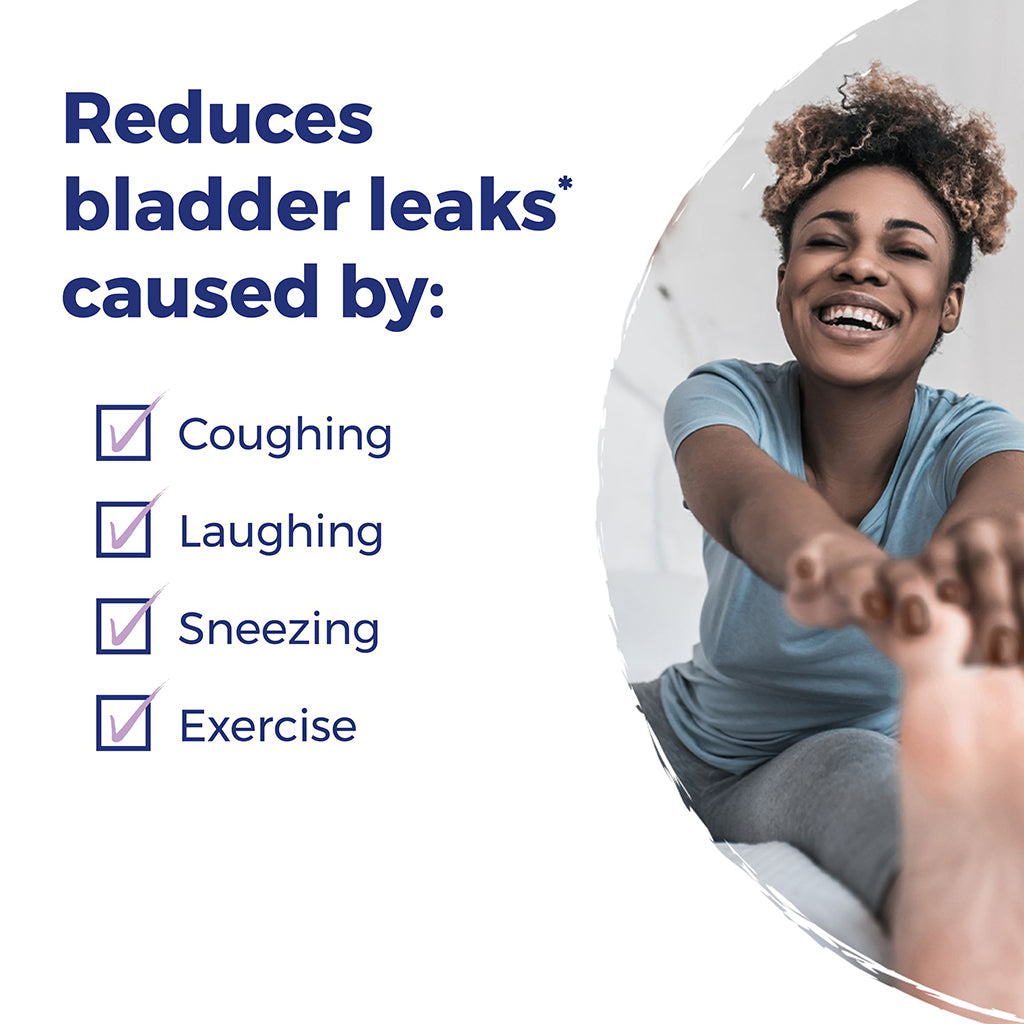 Woman smiling with text about reducing bladder leaks caused by coughing, laughing, sneezing, and exercise.
