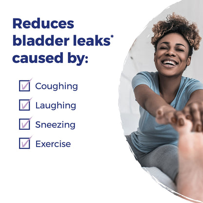 Woman smiling with text about reducing bladder leaks caused by coughing, laughing, sneezing, and exercise.