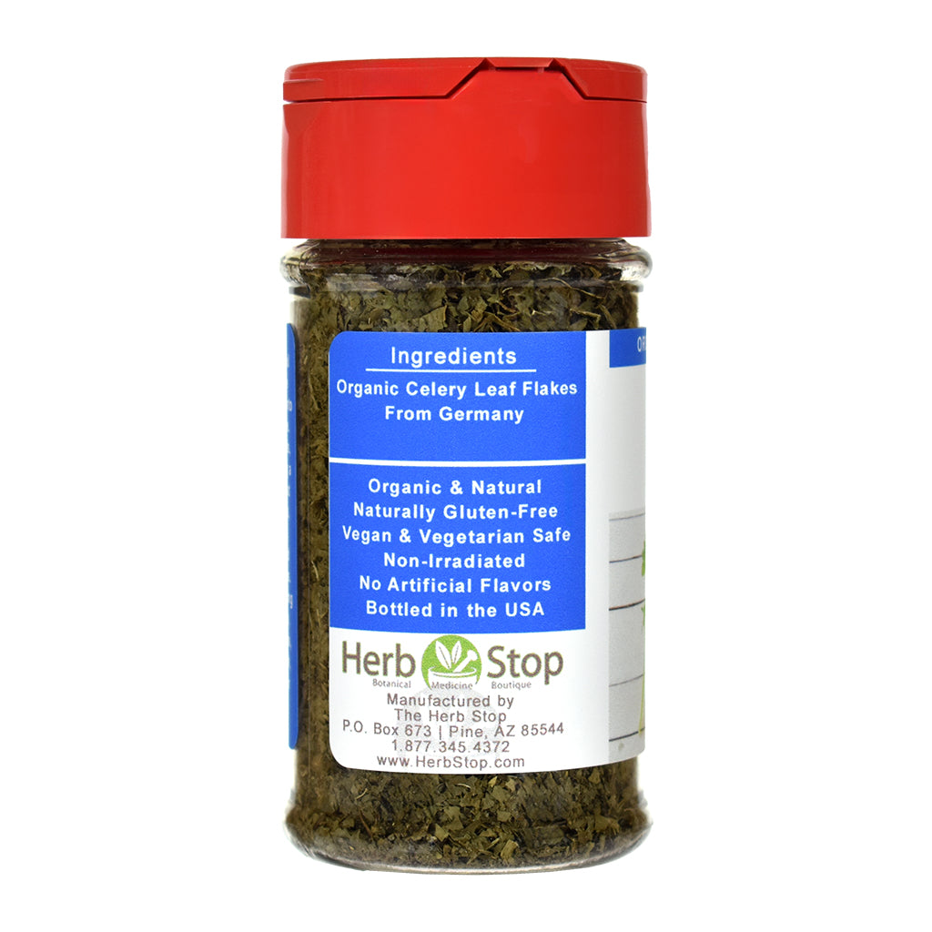 Celery Leaf Spice jar with red lid and label on a white background