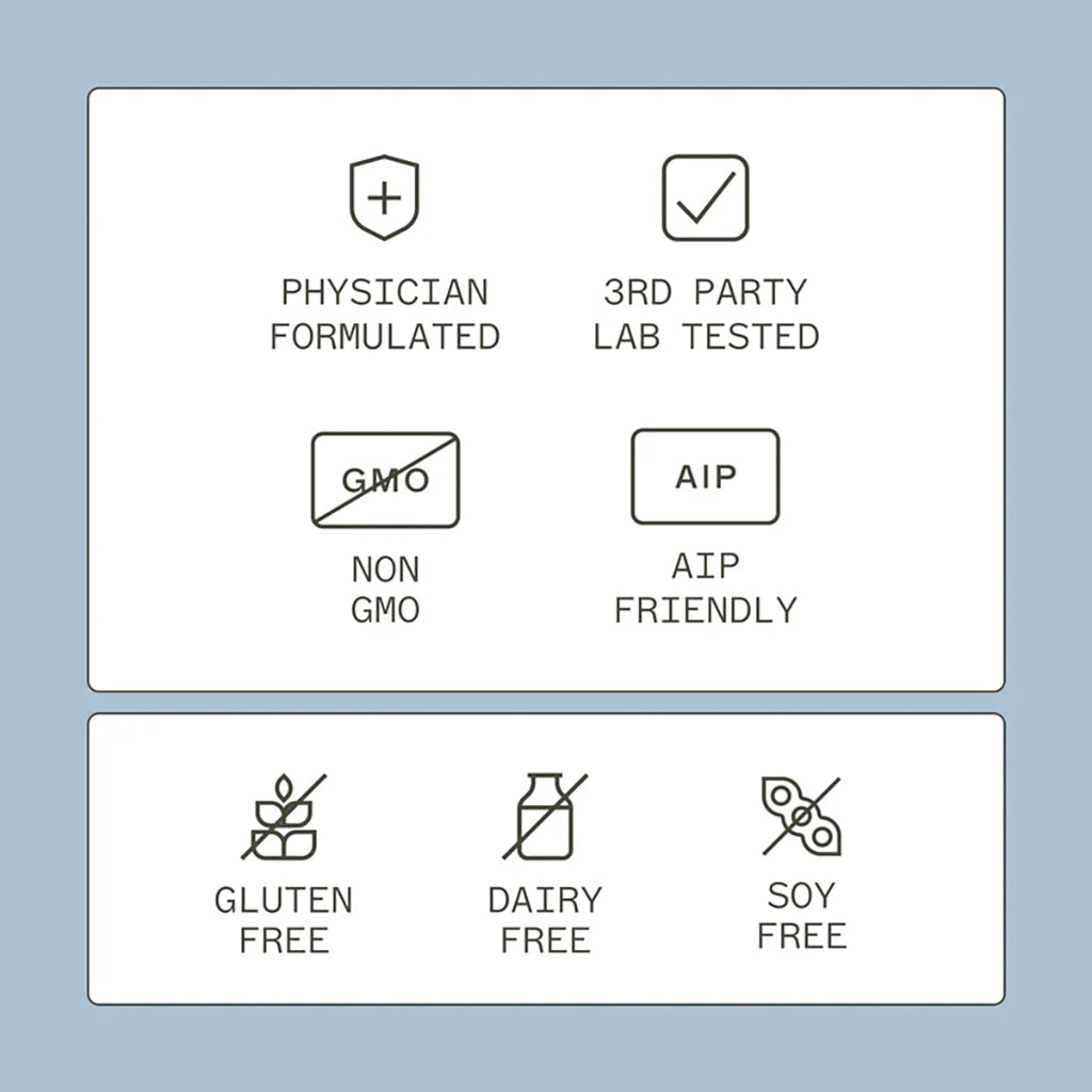 Set of icons indicating product attributes of charcoal binder complete on a light blue background