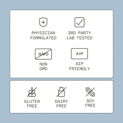 Set of icons indicating product attributes of charcoal binder complete on a light blue background