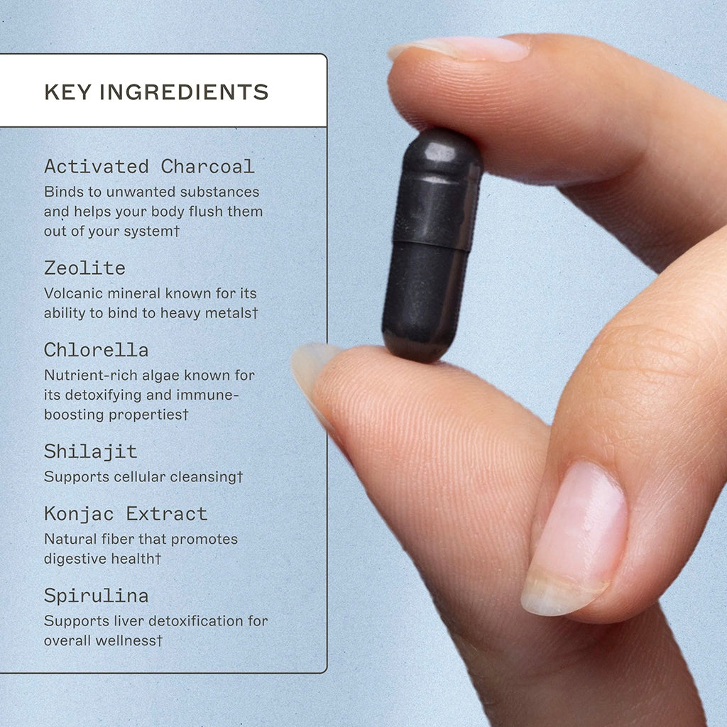 Hand holding a charcoal binder complete capsule with key ingredients listed on a light blue background