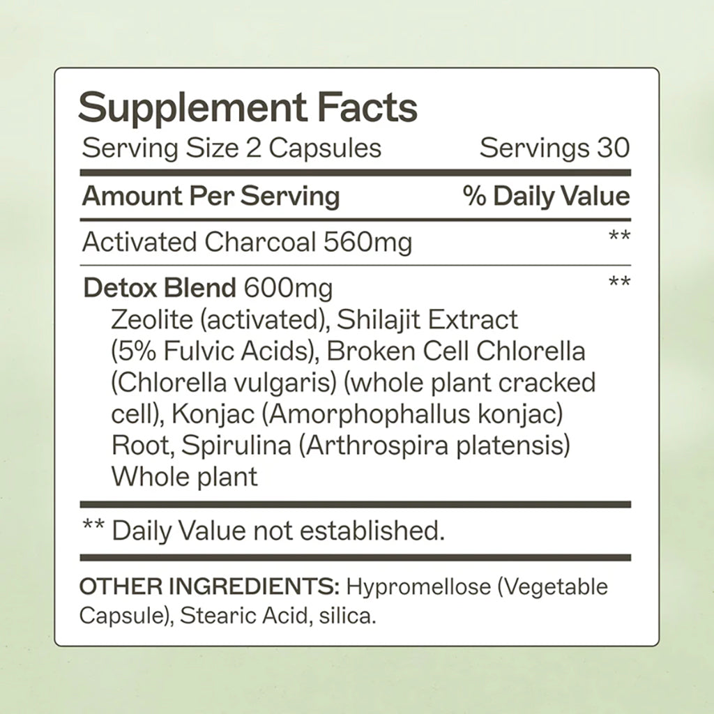 Supplement facts label with detailed ingredient list on a light green background