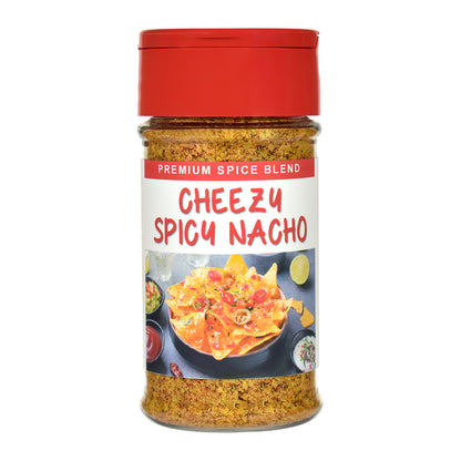 Cheezy Spicy Nacho spice blend in a jar on a white background