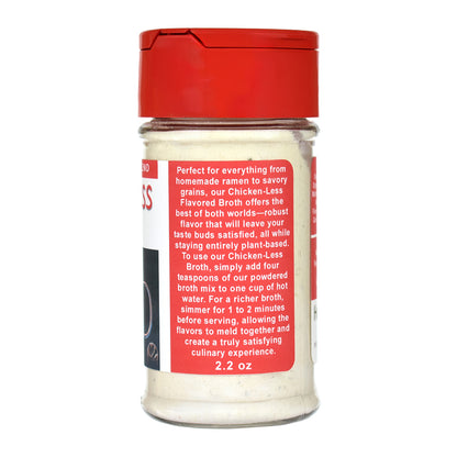 Chicken-Less Flavored Broth jar on a white background