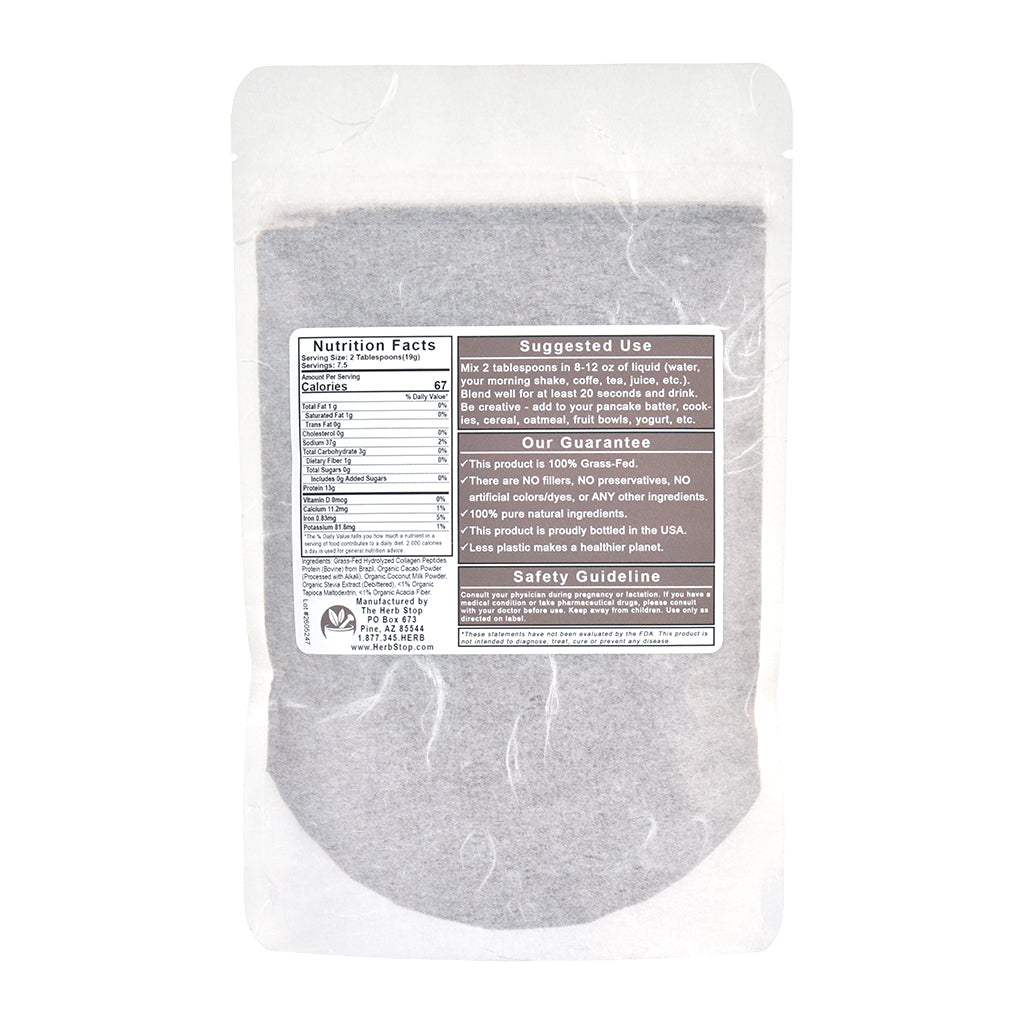 Chocolate Coconut Collagen Powder with a nutrition facts label on a white background