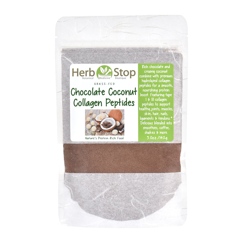 Herb Stop Chocolate Coconut Collagen Peptides packaging on a white background