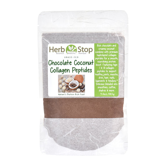 Herb Stop Chocolate Coconut Collagen Peptides packaging on a white background